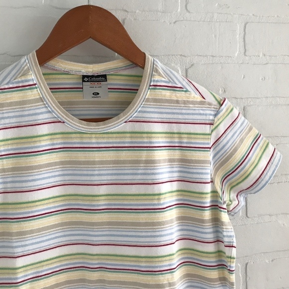 Columbia Vintage crew neck Tee Stripes White Butter Yellowred Sz L - Picture 3 of 5